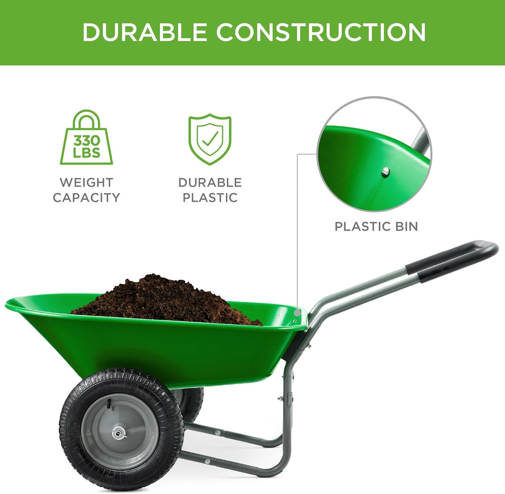Best Choice Products Dual-Wheel Home Utility Yard Wheelbarrow Garden Cart w/Built-in Stand for Lawn, Gardening, Construction - Bright Green