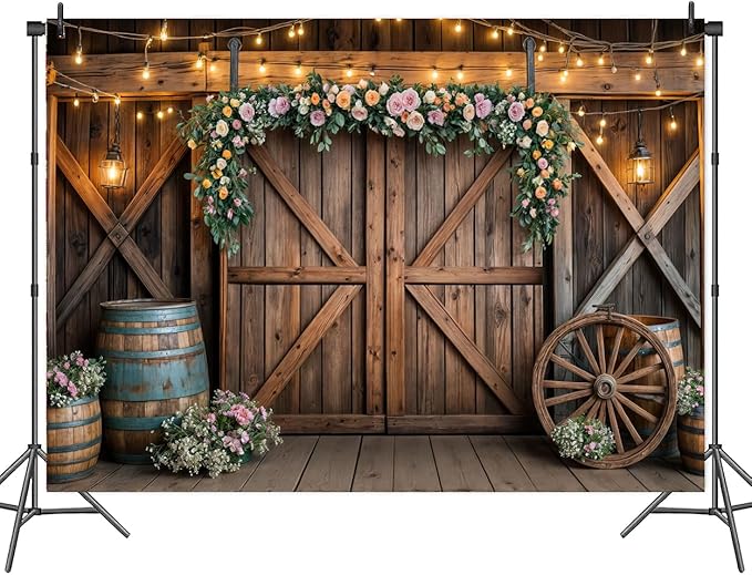 7x5ft Country Wedding Photography Backdrop Rustic Barn Door Photography Backdrop Farmhouse Pink Flower Cabin Wooden Birthday Baby Shower Wedding Bridal Party Banner Photo Booth Props Background