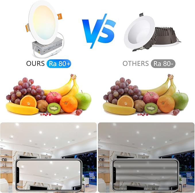 LVWIT 6 Pack 8 Ince LED Recessed Light, 18W 5CCT Ultra-Thin Dimmable Can Lights with Junction Box, High Brightness Canless Wafer Downlight for Kitchen Hallway Dining Room