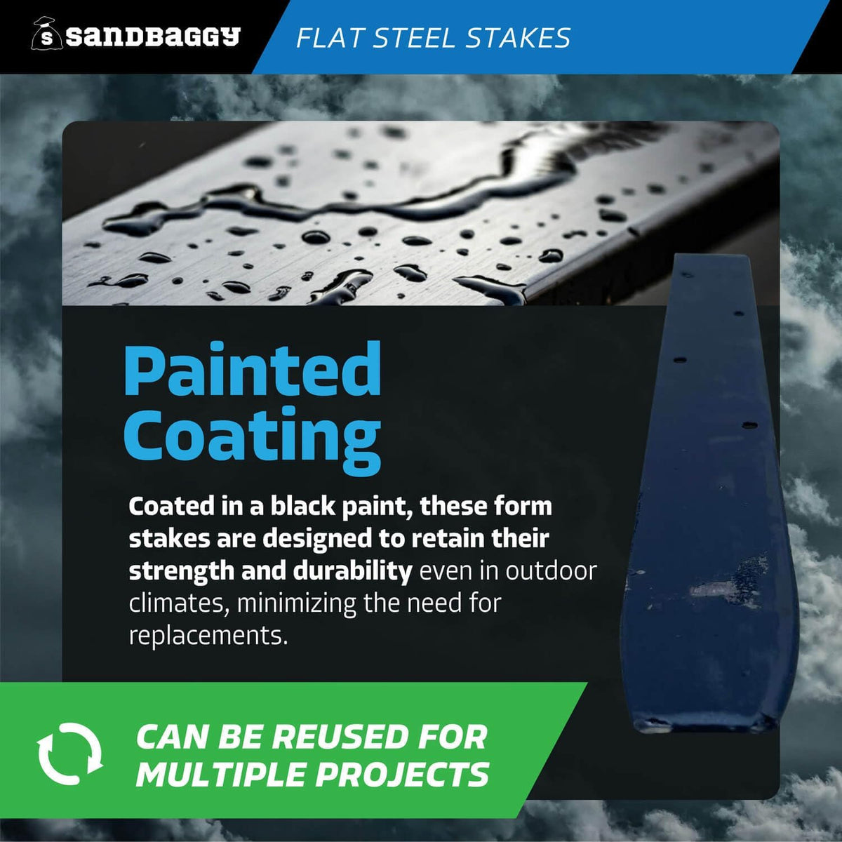 Sandbaggy Flat Steel Stakes for Concrete Forms with Nail Holes - 1.5" Wide - Painted - Removable, Reusable, V Point End - Construction Grade Stakes (10, 60 inch)