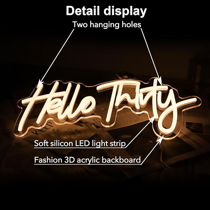 Warm White Hello Thirty Neon Sign 30th Birthday Party Neon Sign For Wall 30th Birthday Photo Background Neon Lights Neon Sign For Bedroom Living Room Dorm Office Decor