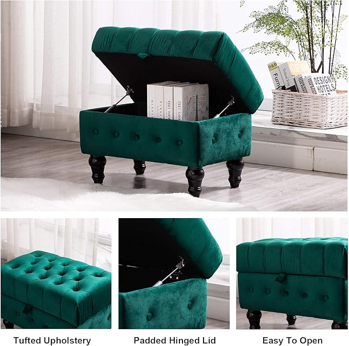Artechworks Button Tufted Storage Ottoman, Velvet Upholstery Footstool Bed Ottoman for Living Room, Home Office, Space-Saving Storage Toy Box Coffee Table Stool, Green