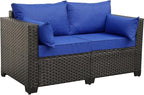 Rattaner Patio PE Wicker Sofa Outdoor Garden Love Seat Chair Couch Furniture Black Rattan with Blue Cushion