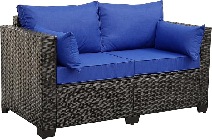 Rattaner Patio PE Wicker Sofa Outdoor Garden Love Seat Chair Couch Furniture Black Rattan with Blue Cushion