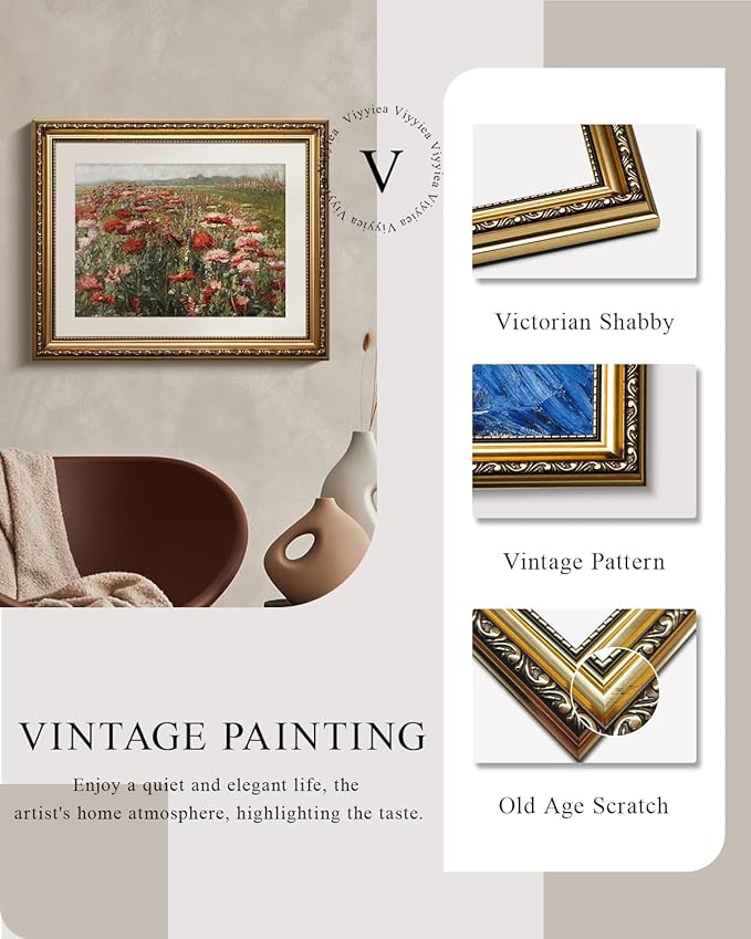 VIYYIEA Gold Framed Wall Art Canvas Print Home Decor Red Poppies Oil Paintings Classical Floral Wall Pictures for Bedroom Bathroom Living Room Flower Canvas Prints Artwork Vintage Gifts 13x16in