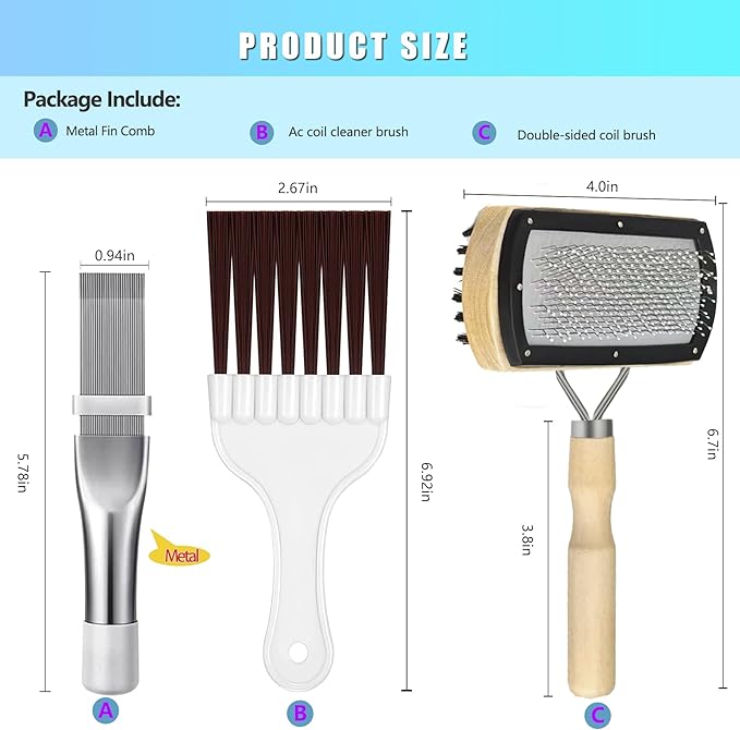 3 Pcs HVAC Coil Cleaning Brush & Fin Straightener Kit, Metal AC Fin Comb,Double-Sided Coil Brush,Coil Cleaning Tool - for MIni Splits,Refrigerator Coils,Condenser, Evaporator Coil Cleaning