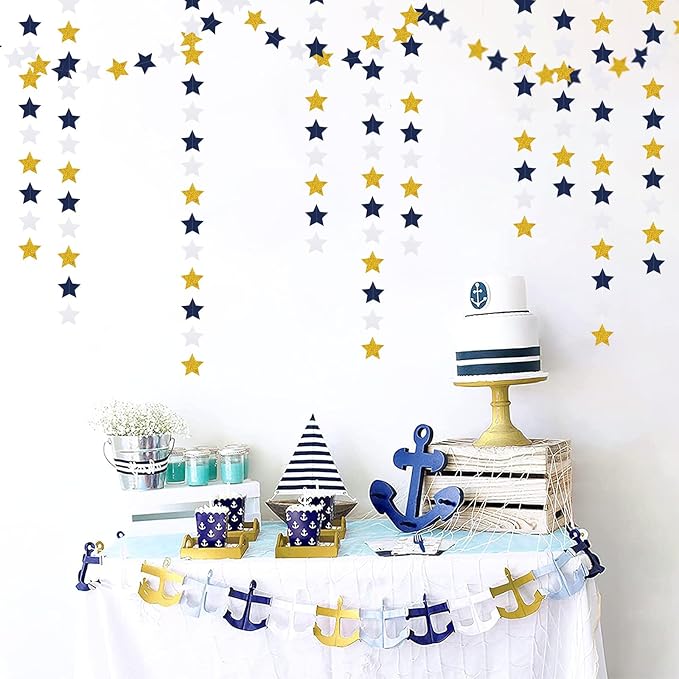 Navy-Blue White-Gold Party-Decorations Birthday Garland - 62ft Twinkle Little Star Hanging Streamers Banner,Wedding Bachelorette Bridal Baby Shower Graduation Decor Hugtmr