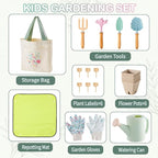 Kids Gardening Set Toys, Garden Tool for Kid with Tote Bag, Repotting Mat, Trowel, Shovel, Fork, Rake, Watering Can and Gloves, Montessori Toy for Kids, Outdoor Toys Gift for Toddlers Boys Girls