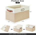 Large Collapsible Fabric Storage Bins with 3 Handles, Foldable Organizer Baskets for Closet, Shelves, Living Room | 3 Pack, Durable PU & Metal Handles (14.9"x9.8"x9.8", Beige & White)