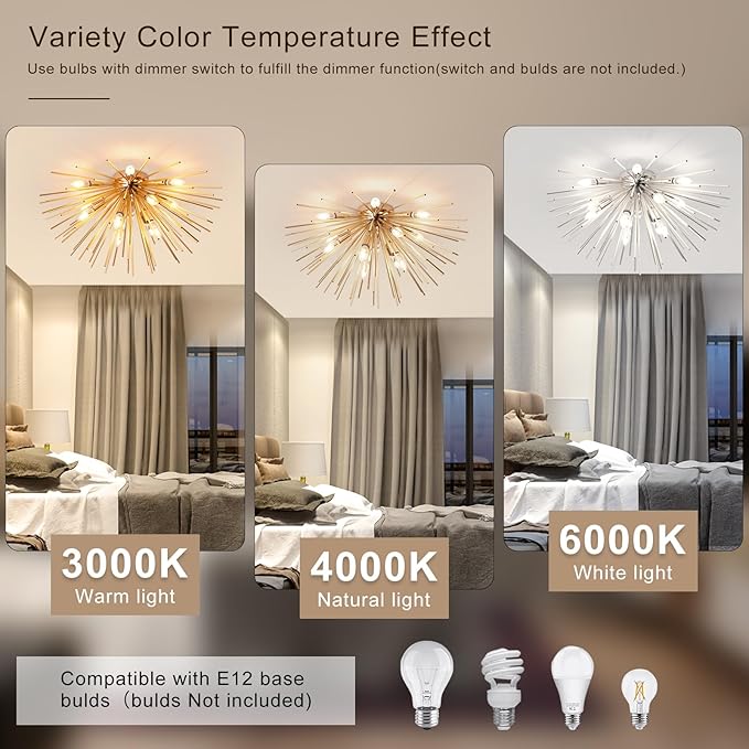 Jaycomey Sputnik Ceiling Light Fixtures, Mid-Century 12 Lights Gold Firework Ceiling Light, Modern Semi Flush Mount Ceiling Lamp for Bedroom Living Dining Room, E12, Dia 29.5 Inch