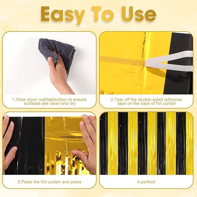 2 Pack Black and Gold Tinsel Foil Fringe Curtains, Black and Gold Party Decorations, Metallic Tinsel Party Streamers Backdrop for 2025 New Years Graduation Prom Party Decorations
