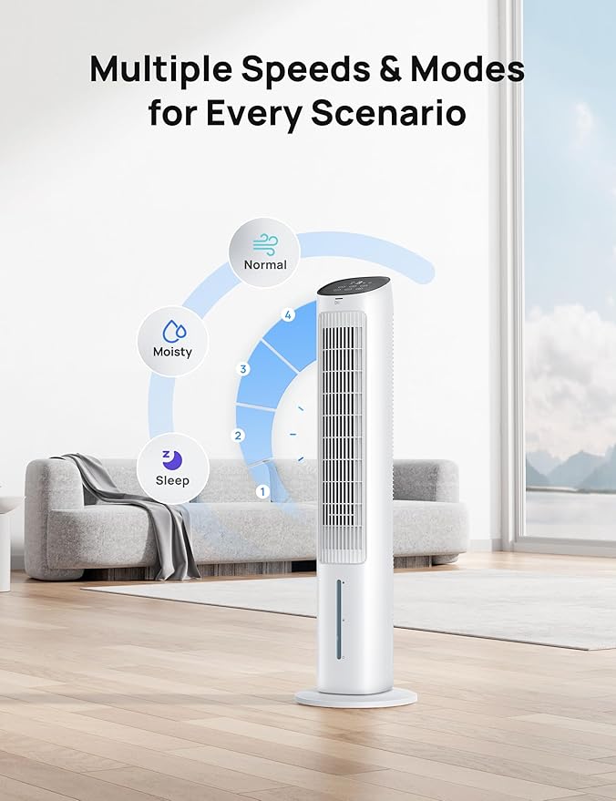 Dreo Evaporative Air Cooler, 40” Standing Fans that Blow Cold Air, 80° Oscillating Bladeless Cooling Fan for Bedroom, Swamp Cooler, Removable Water Tank, Ice Pack, Remote, 3 Mode 4-Speed, White
