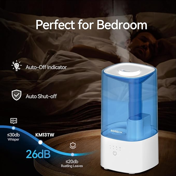 Cool Mist Humidifiers for Bedroom, 2.0L Small Humidifier for Baby and Plant, Last Up to 10H on Max Mist Setting, Auto Shut-Off, Auto-Off Indicator, 360° Nozzle
