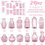Pink Glass Bud Vases in Bulk 24, Pink Vase Small Vases for Flowers Modern Ribbed Glass Bud Vase for Decor Wedding Flower Vase Bulks Vintage Decor Bridal Shower Centerpieces Home Table Decoration