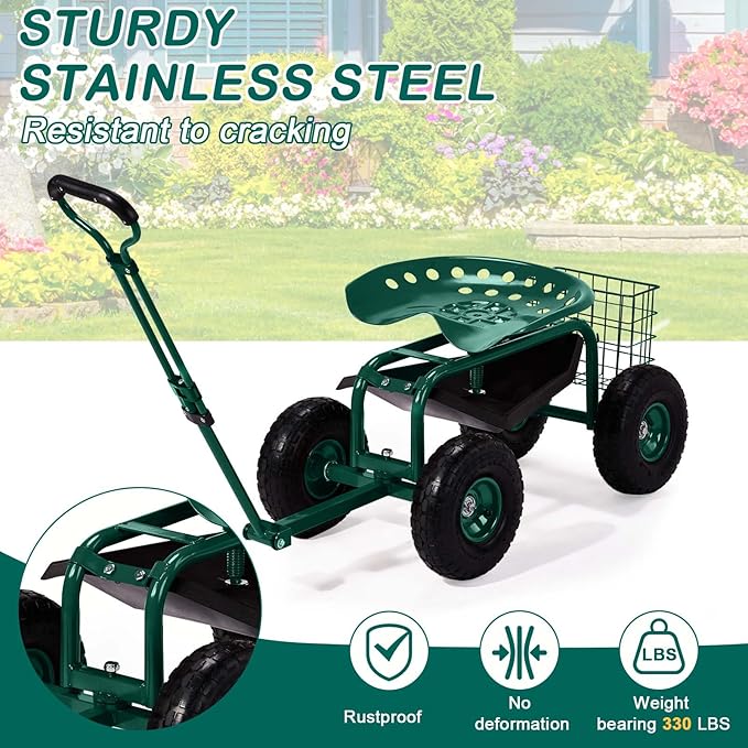 VINGLI Garden Cart with Rolling Seat, Wheels, Adjustable Steering Handle & Utility Tool Tray, Planting Wagon Scooter, Gardening Tool for Senior, for Patio, Backyard, Lawn & Outdoor (Green)