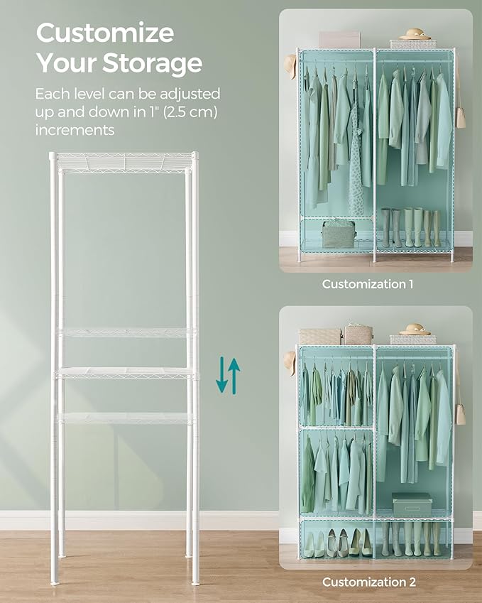 SONGMICS Clothes Rack, Freestanding Wardrobe Closet, Metal Clothing Racks, Heavy-Duty Garment Rack with Adjustable Shelves, Hanging Rods, Dividable, 15.8 x 47.2 x 70.9 Inches, Cloud White ULGR423W01