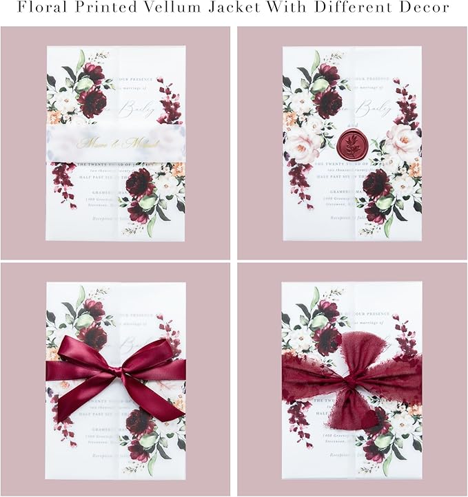 PONATIA 50 PCS Vellum Jackets for 5x7 Invitations- 135gsm Burgundy Floral Printed Vellum Sleeves, Quinceanera Wedding Invitation Cards Wraps