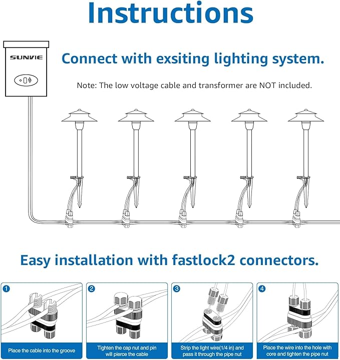 SUNVIE 3W Low Voltage Pathway Lights Wired Landscape Path Lights Outdoor Low Voltage Landscape Lighting 3000k Waterproof LED Landscape Lights with Connector for Garden Walkway, 4 Pack