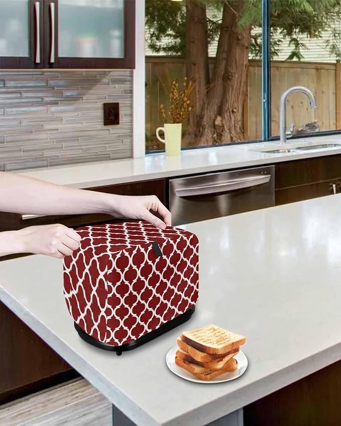 Toaster Cover 4 Slice Geometric Moroccan Toaster Oven Cover with Pockets Moroccan Trellis Design Red Bakeware Protector Small Kitchen Appliance Dust Covers and Fingerprint Protection for Women