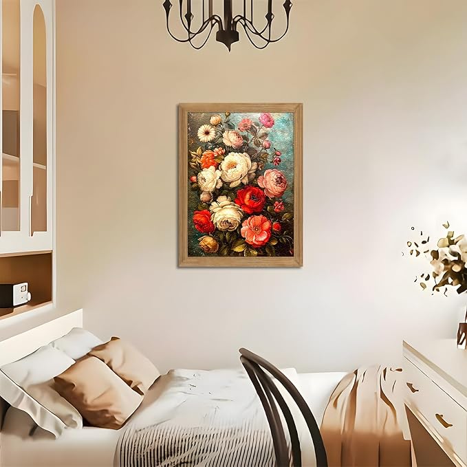 AKWISH Framed Vintage Floral Wall Art - 3D Textured Antique Colorful Flowers Oil - Hand Drawn Painting Classical Botanical Art Wall Decor for Living Room Bedroom Office Decor 12x16in