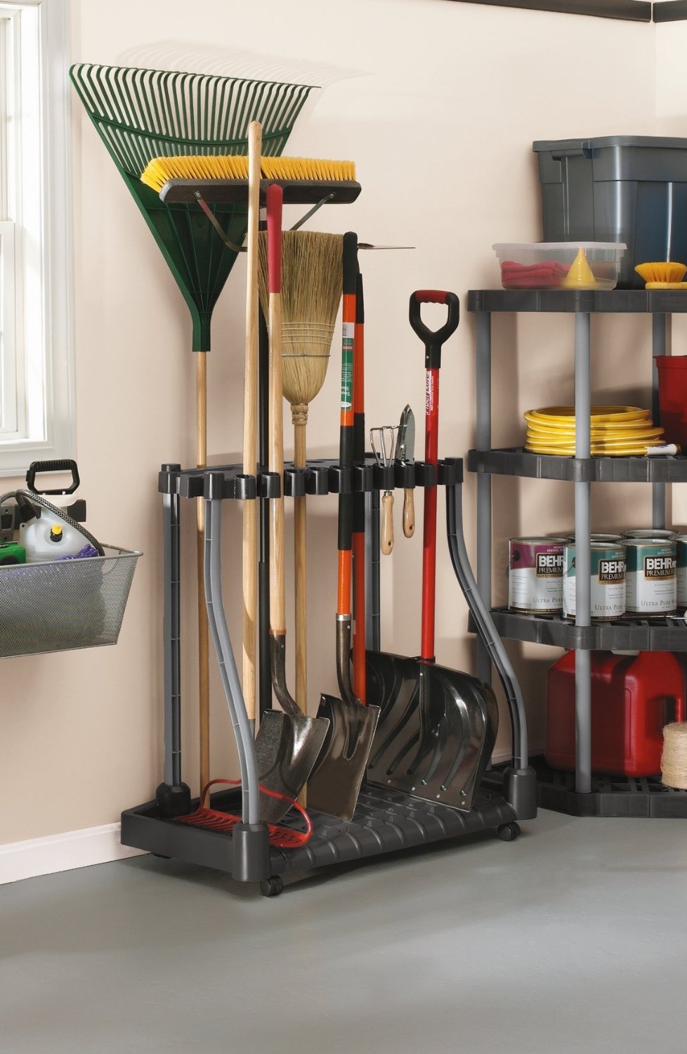 Rubbermaid Garage Tool Tower Rack Easy to Assemble Wheeled Organizes up to 40 Long-Handled Tools/Rakes/ Brooms/Shovles in Home/House/Outdoor/Shed Black