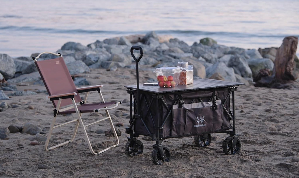 Whitsunday Folding Collapsible Utility Wagon, 400Lbs Heavy Duty Outdoor Park Beach Wagon with Table and Side Pocket for Garden Camping Sports Shopping Purple