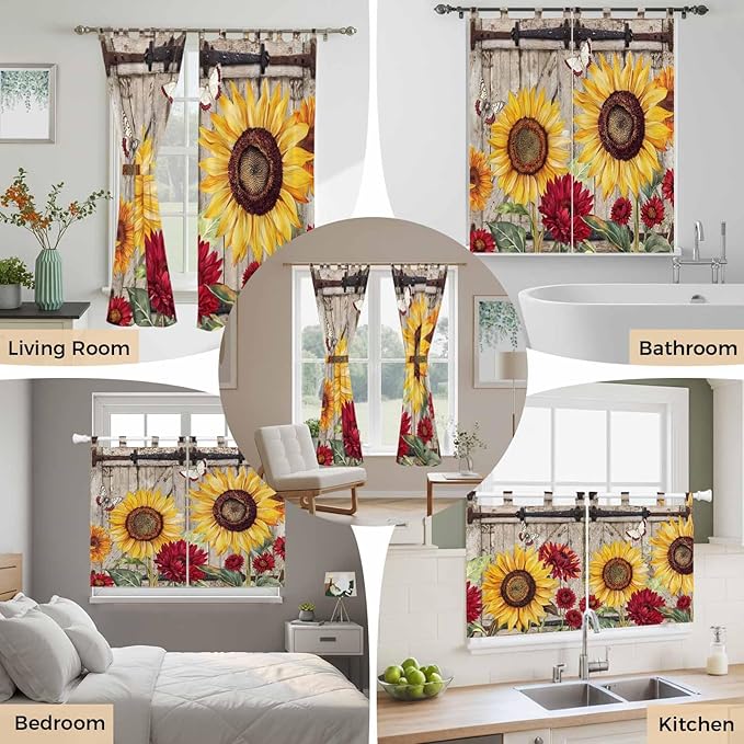 Sunflowers Kitchen Curtains 45 Inch Length, Short Cafe Window Curtains Tab Top, Retro Flower Barn Doors Butterfly Farmhouse Brown Light Filtering Window Treatments Tier Drapes 27.5"x45" 2 Panel