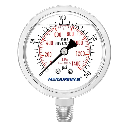 MEASUREMAN Fully Stainless Steel Hydraulic Glycerin Filled Pressure Gauge, 2-1/2" Dial Size,0-200psi/kpa,1/4" NPT Lower Mount