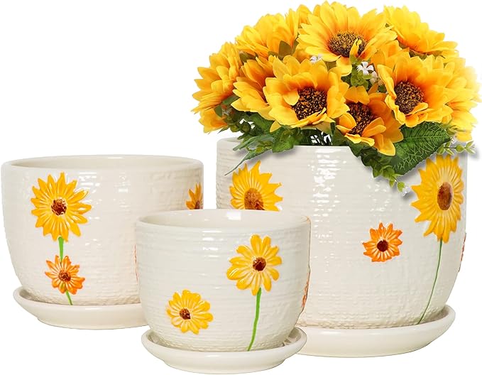 Ton Sin Plant Pots,Set of 3 Ceramic Sunflower Flower Pots for Indoor Plants,4+5+6 inch Pots with Drainage Hole Saucer,Garden Pots Catus Planters