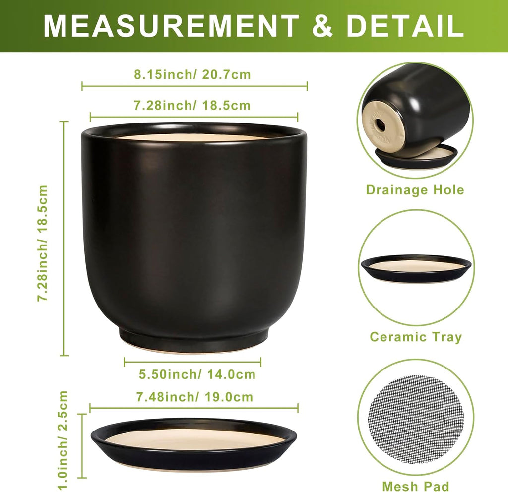 Ceramic Flower Pot 8 Inch - Modern Round Planter for Indoor Outdoor Plants with Drainage Hole and Saucer, Home House Room Office Patio Decor, Black