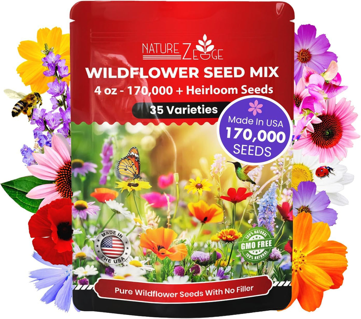 NatureZ Edge Wildflower Seeds Mix – 1/4 lb, 170,000 Seeds, 35 Variety Perennial & Annual Flower Seeds to Plant Outside, Bulk Wildflower Seeds, Wild Flower, Semillas de Flores