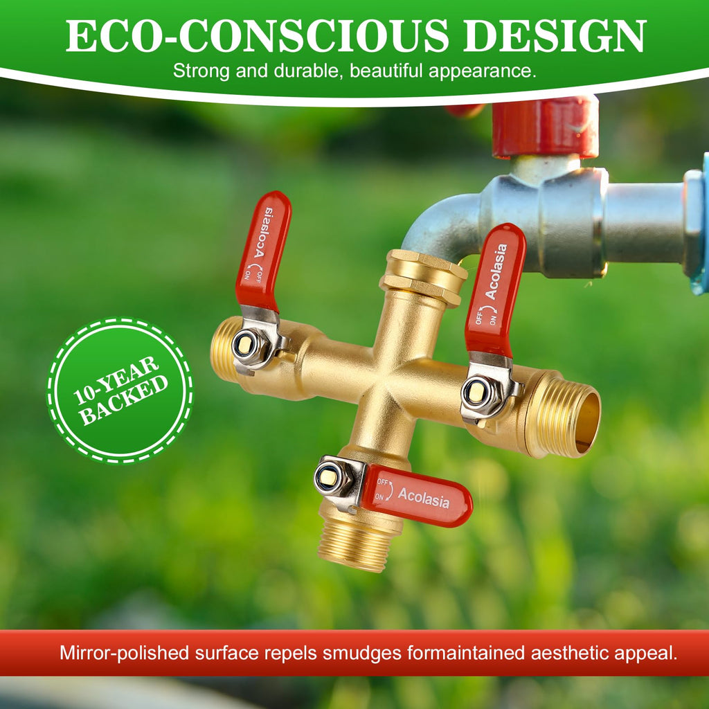 Hose Splitter 3 Way Heavy Duty Brass Garden Hose Splitter with 304 Stainless Steel Long Handle Outdoor Full Flow Hose Splitter Connector, 3/4" GHT Thread