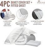 Pizuna 100% Cotton King 3 Pc Duvet Cover + 1 Pc Fitted Sheet Set 400 Thread Count White Sateen Weave Luxurious Long Staple Cotton 4 Piece Bedding Set - 1 Duvet Cover, 2 Pillow Shams, 1 Fitted Sheet