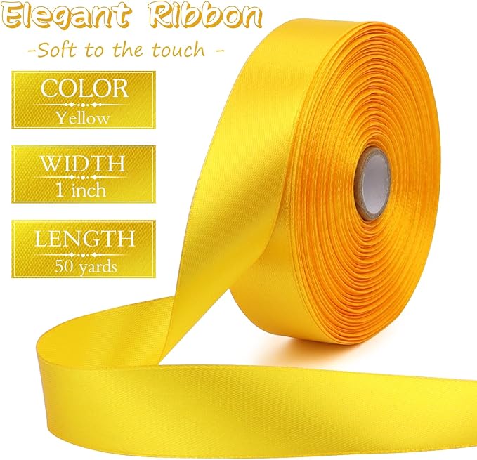 Yellow Solid Satin Ribbon 1 Inch 50 Yards Solid Polyester Fabric Ribbon for Gift Wrapping Wedding Christmas Baby Shower Birthday Party Decoration Handmade Immortal Flower Craft