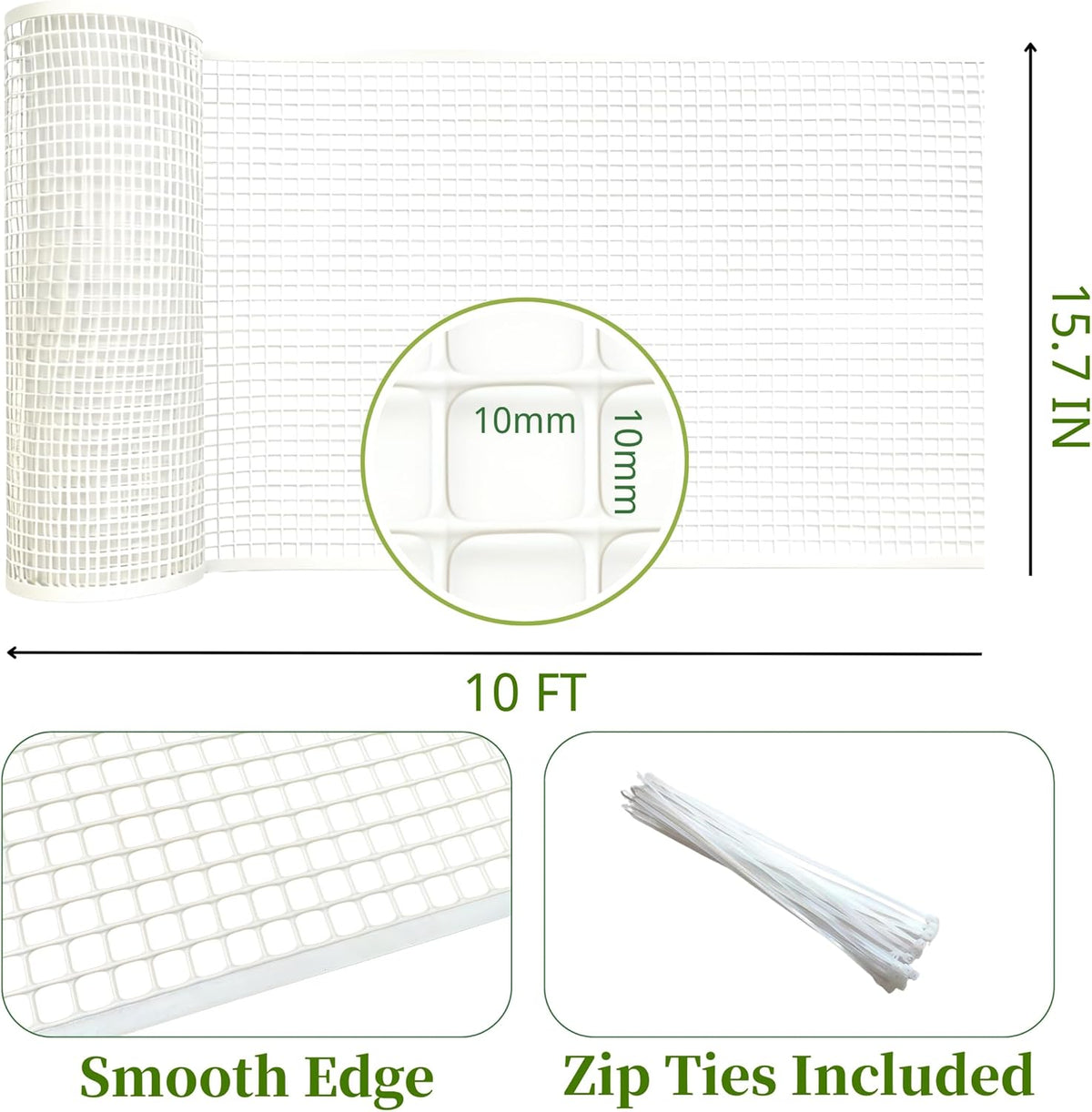 PotatoLife Plastic Wire Mesh Fence, Balcony Fence for Baby and Pets, Safety Fence, Stair Protector, Poultry, Garden, Tree Support, Durable Material, Free Zip Ties (White, 15.7'' x 10')