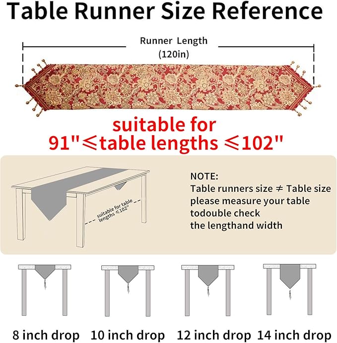 Luxury Vintage Table Runner 120 inches Long Embroidery Jacquard Fabric with Multi-Tassels Table Runners for Dining Room Dresser Wedding Christmas Thanksgiving Party Decorations (Red, 12X120inch)
