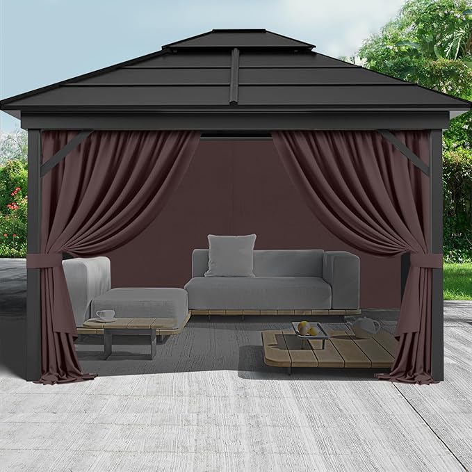 Gazebo Privacy Curtains 10' x 12' with Zipper 4-Panels Side Wall Universal Replacement for Patio, Outdoor Canopy, Garden and Backyard Coffee Brown(Curtain Only)