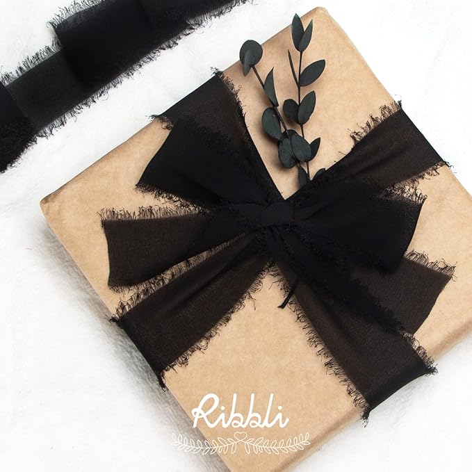 Ribbli Black Chiffon Ribbon - 1.5 inch x 30 Yard Handmade Silk, Fringe Chiffon for Wedding Invitations, Gift Wrapping, Bridal Bouquets, Flower Arrangement