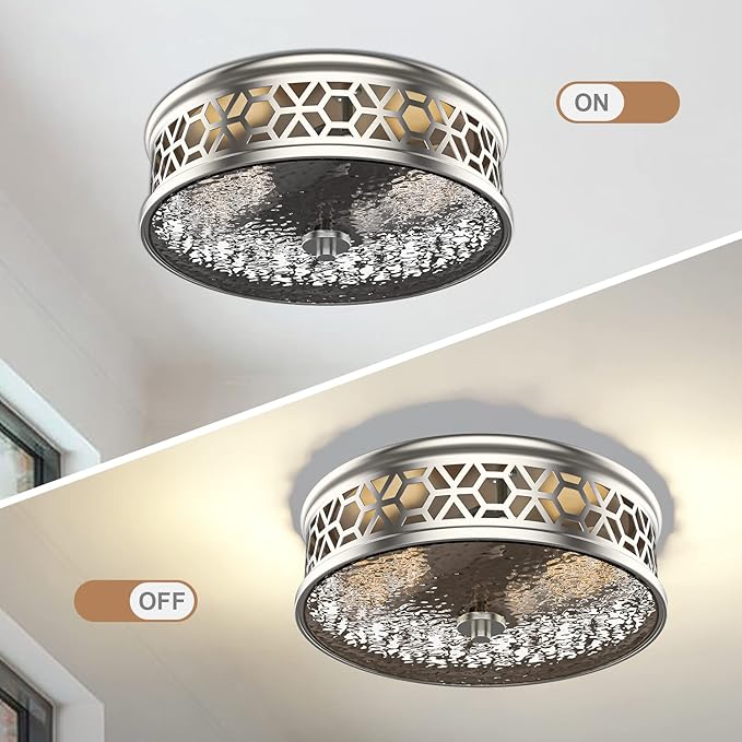 EAPUDUN Flush Mount Ceiling Light, 12 Inch 2 - Light Vintage Ceiling Light with Rippled Glass, Brush Nickel Ceiling Fixture for Hallway Corridor Kitchen Bathroom Bedroom Passway FMA1538-PLN
