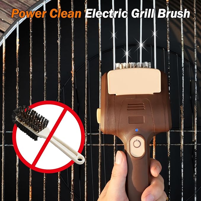 Grill Brush for Outdoor Grill, Cordless Electric BBQ Grill Cleaner with 700 RPM Stainless Steel Brush, Rechargeable Grill Cleaning Brush, Brown