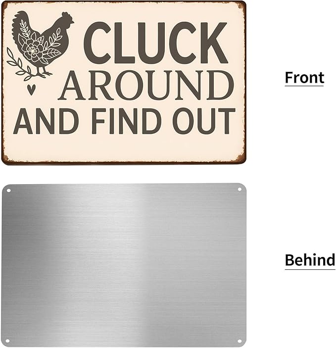 Funny Chicken Tin Sign - "Cluck Around and Find Out" Farmhouse Wall Decor for Kitchen, Coop, Garden - 8x12 inch Rustic Metal Gift