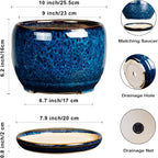 SQOWL 10 Inch Plant Pot - Ceramic Planter Pot with Drainage Hole and Saucer, Decorative Plant Pot for Indoor Outdoor Plants, Round Large Planter Flower Pot, Blue