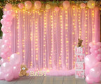 10ft x 10ft Pink Tulle Photo Backdrop Curtain with Lights String for Parties Wedding Sheer Baby Pink Curtain Backdrop for Birthday Party Baby Shower Photo Booth Photography Background Decorations