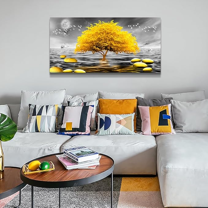 Wapluam Large Canvas Wall Art For Living Room, Office, Modern Bedroom Decor - Black And White View - Yellow Tree Pictures - 60X30 in
