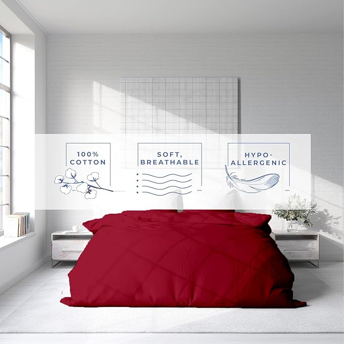 Kotton Culture 3 Pc Twin Size Duvet Cover Set- 100% Egyptian Cotton Sateen 600 TC Ultra Soft Premium Durable Comforter Cover Zipper Closure & Corner Ties (Red Burgundy, Twin/Twin XL 68" X 90")