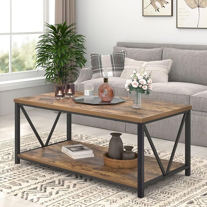 EXCEFUR Modern Coffee Table, Industrial Metal and Wood Living Room Table with Storage Shelf, Rustic Brown