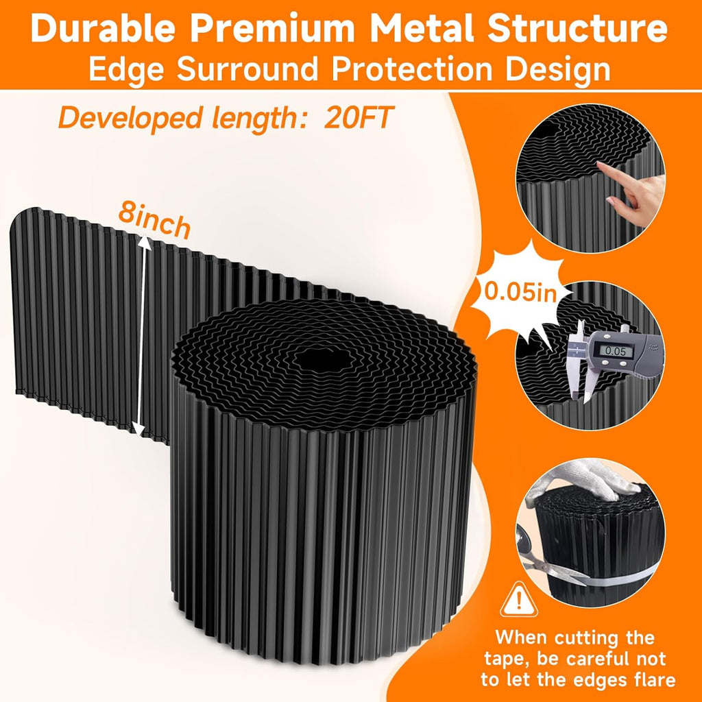 Corrugated Garden Edging,8"×20Ft Galvanized Steel Landscape Edging & Lawn Edging Border,Metal Garden Border for Flower Beds,Garden,Lawn,Raised Beds & Tree Surrounds(Black)