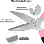 8-Inch Heavy Duty Utility Scissors All Purpose, Serrated Blade, Pink Comfort Grip for Cutting Carpet, Cardboard, Leather, Fabric, Multipurpose Sharp Shears for Kitchen, Garden, Office, Carft