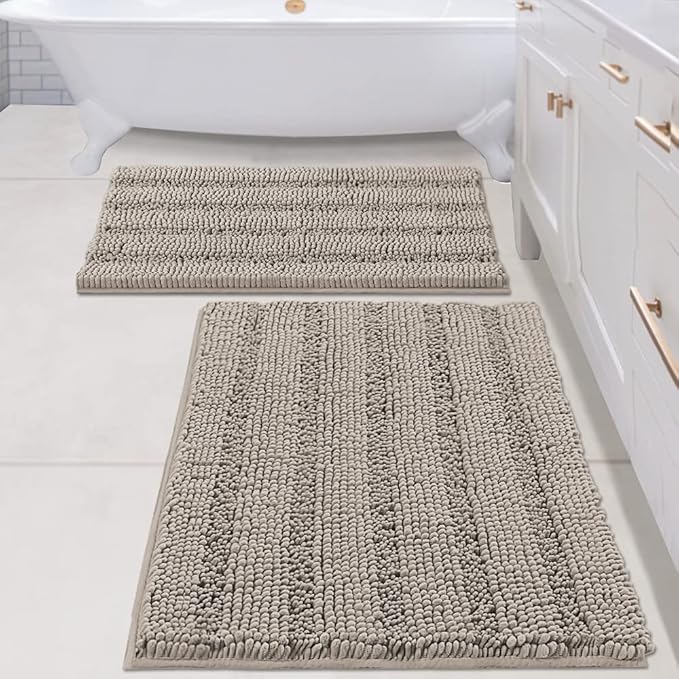 H.VERSAILTEX 2 Piece Bathroom Set Bathroom Rugs Bath Mats Sets Super Absorbent Chenille Striped Bath Mats Non Skid Machine Wash Dry Rugs for Bathroom Floor(Taupe, 24 x 36 Plus 20 x 32 - Inches)