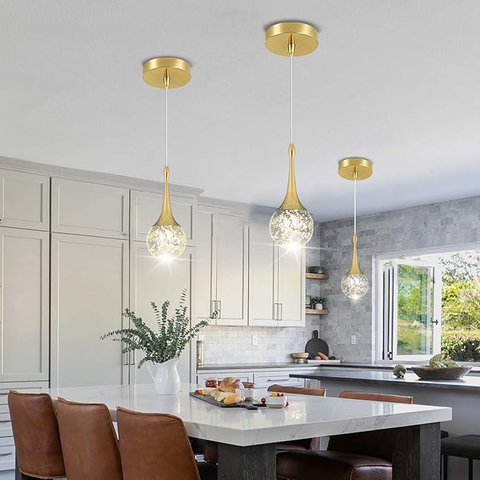 Flashing God Gold 1 Light Teardrop Crystal Pendant Lighting,Integrated Pendant Light with Crystal Bubble for Kitchen Island Globe Fixtures, Chromed Finished 2700k 4500k 6000k
